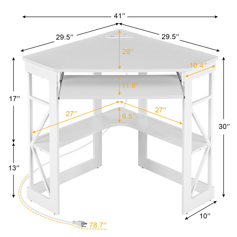 Lambrecht Corner Desk With Outlets & USB Ports, Triangle Computer Desk With Charging Station, Storage Shelf, Space Saving Writing Desk For Small Space
