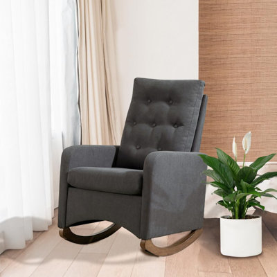 Chaise berçante moderne, fauteuil coulissant rembourré SoftFabric avec dossier haut, poche latérale et pieds en bois d'hévéa naturel pour chambre d'enfant / salon