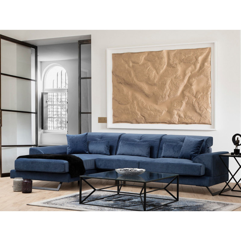 Modern Corner Sofa with Adjustable Backrest, Navy Blue | Beech Wood/Chipboard Frame, 74.8 x 119.6 x 36.2 inches | 100% Polyester Fabric, Dry-Cleanable | Includes 5 Pillows (20 x 20 & 25.6 x 11.8 in) | Stylish & Comfortable Design