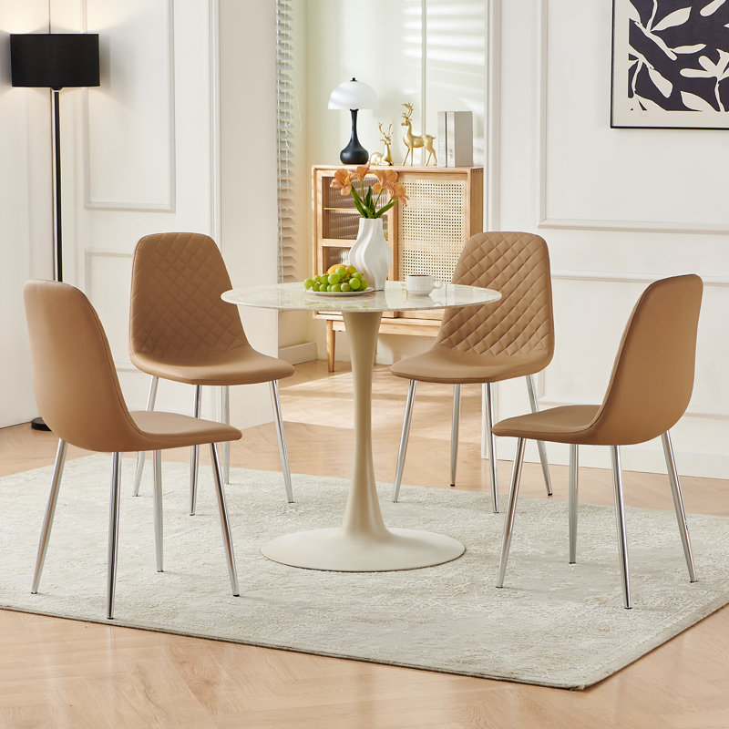 Wayland Modern Upholstered Faux Leather Dining Chair, Coffee, 4, Silver