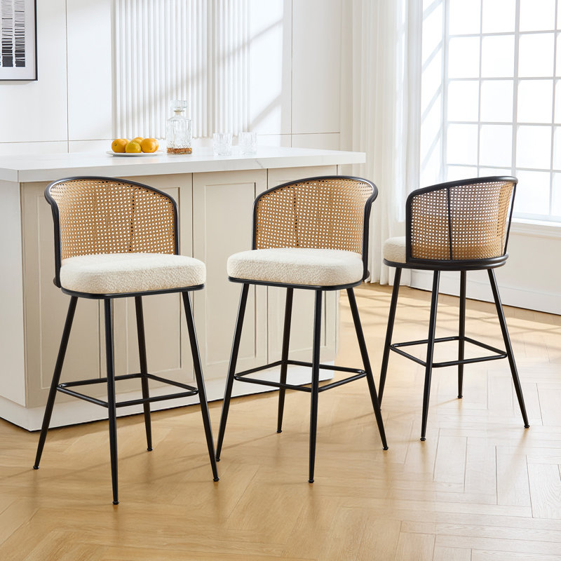 Cane Back Upholstered Counter & Bar Stool, Counter Stool (26" Seat Height), White, 3