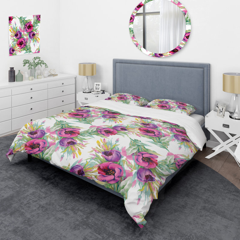 Ensemble de housse de couette à motif floral en microfibre et fleurs mauves