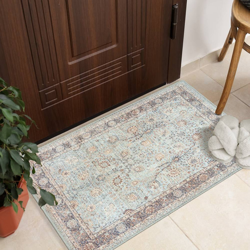 GLN Rugs Traditional Collection - Machine Washable Area Rug, Traditional Washable Rug, Non Slip Washable Rug, Low Pile Chenille Living Room Rug, Bedroom Rug, Kitchen Rug (Blue Floral Rug)