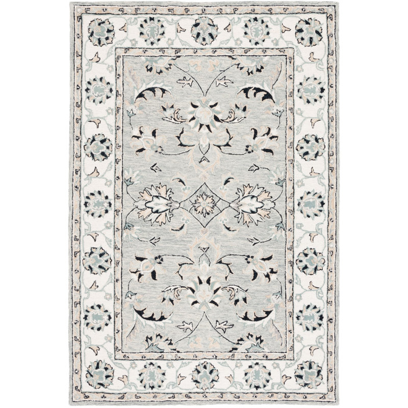 Tapis oriental en laine / coton touffeté à la main Calei gris clair / ivoire / noir, Rectangle 4 pi x 6 pi