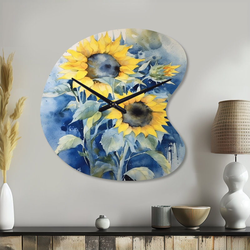 Jaune jaune bleu tournesol doré - horloges murales asymétriques florales en métal, impression d'horloge murale de forme unique jaune