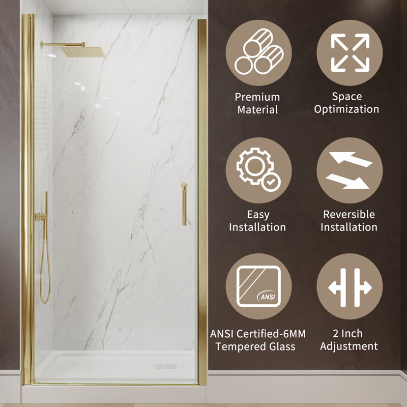36-37.9 in. W x 72 in. H Pivot Swing Frameless Shower Door with Clear SGCC Tempered Glass, Gold