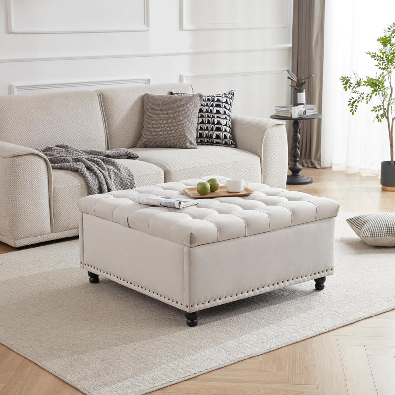 Cristba Living Room Ottoman Coffee Table Ottoman with 35 Inch Large Square Storage Ottoman Bench Lift Top, Beige