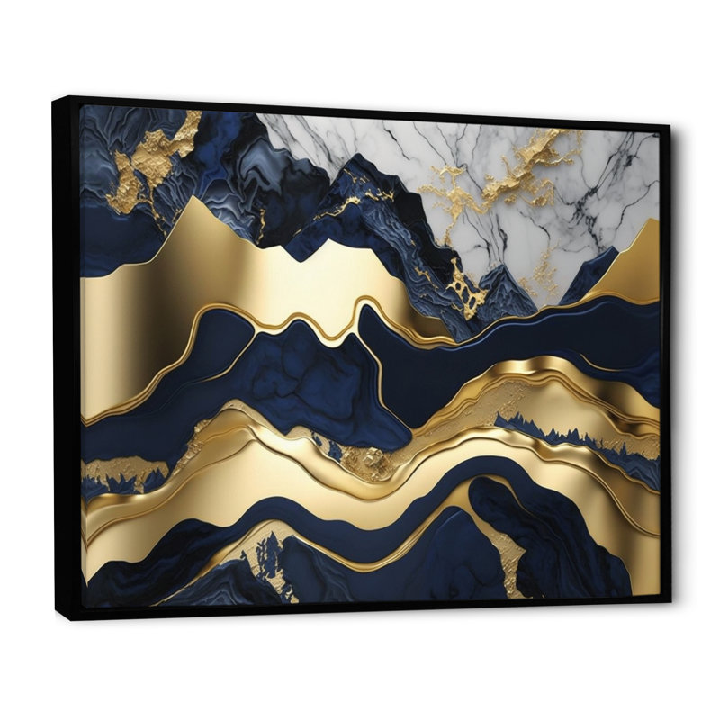 Rehoboth bleu et or captivant l'abstraction de marbre I, Cadre flottant noir, Noir, H 34 po x l 44 po