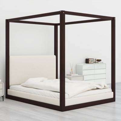 Structure de lit à baldaquin en bois classique, lit plateforme robuste avec tête de lit tapissier confortable