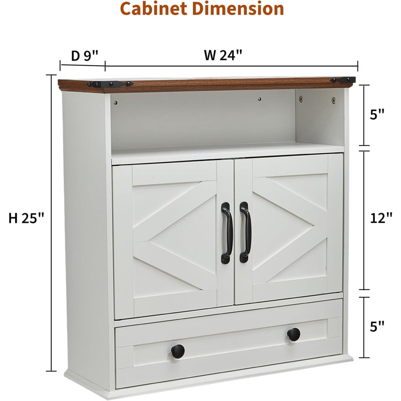 Armoire à pharmacie murale avec tablettes réglables, portes de grange doubles et tiroir amovible - Armoire de rangement rustique pour salle de bain, salle de bain, cuisine, couloir