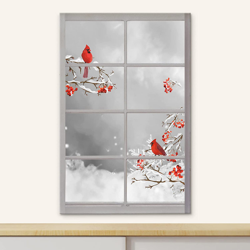 IDÉE4WALL, reproduction d'art sur toile, fenêtre, vue d'hiver, neige, cardinal, oiseau, arbre, paysage, nature sauvage, illustrations, art moderne, rustique, décoratif, coloré, décor pour le salon, la chambre à coucher, le bureau