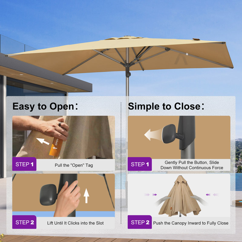 Parasol de table semi-automatique pour l'extérieur, L 72 po x P 120 po, Beige