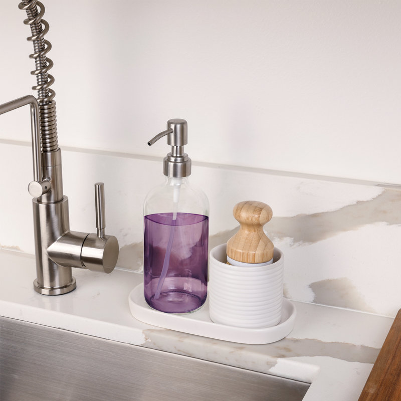 White Ceramic Soap Pump and Brush Set with Tray