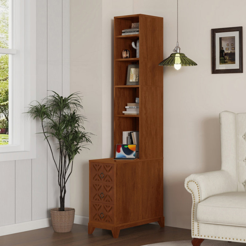 End Table With 3 Drawers, Corner Table With 4 Open Shelves, Tall Side Table For Bedroom And Corner