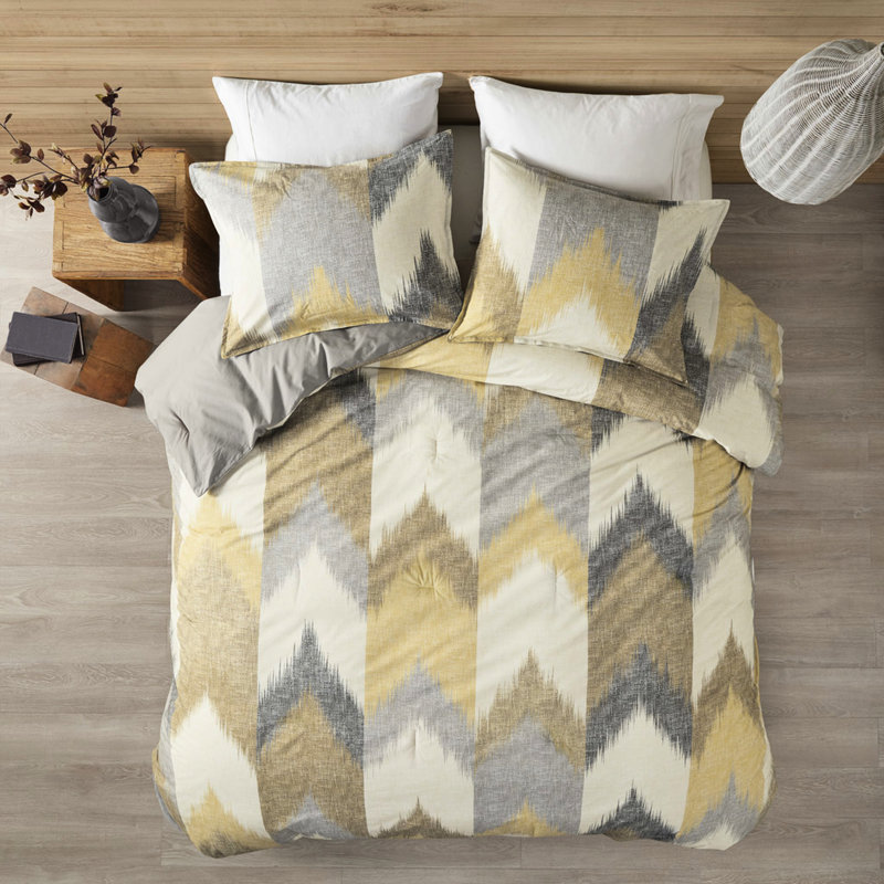 Édredon en coton imprimé jaune pour très grand / très grand lit, 3 pièces avec 2 mini taies décoratives imprimées, literie de qualité