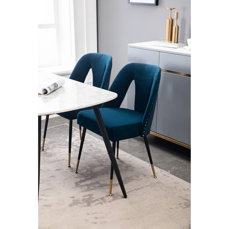 Modern Dining Chair With Velvet Upholstery In Blue And Metal Legs Details, 2Pcs Collection Upholstered Nailheads, Blue, Of 2