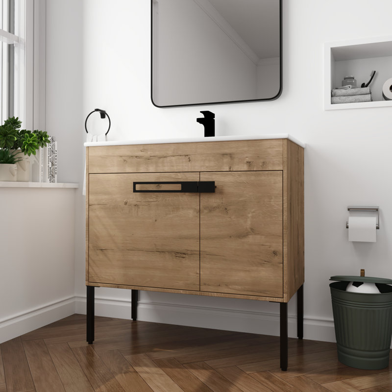Ensemble de meuble-lavabo à double fixation, meuble-lavabo simple avec comptoir en céramique, 2 portes et 1 tablette réglable