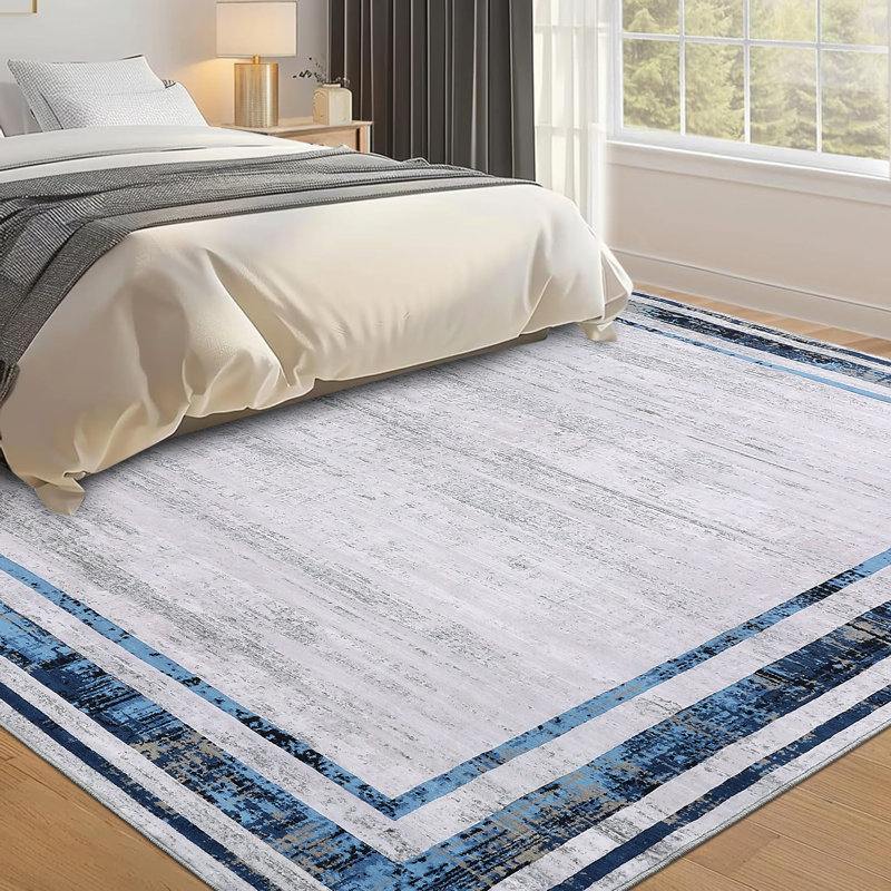 Modern Bordered Area Rugs Living Room Distressed Carpet Non Slip Low Pile Accent Rug for Dining Room Home Office Nursery