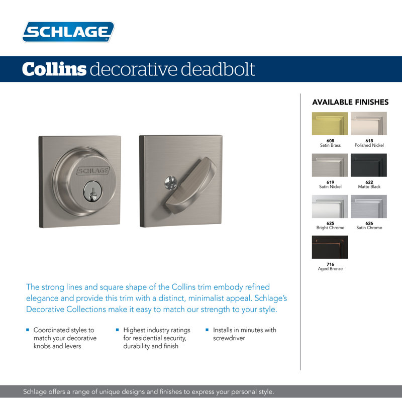 Single Cylinder Deadbolt with Collins Trim, Matte Black