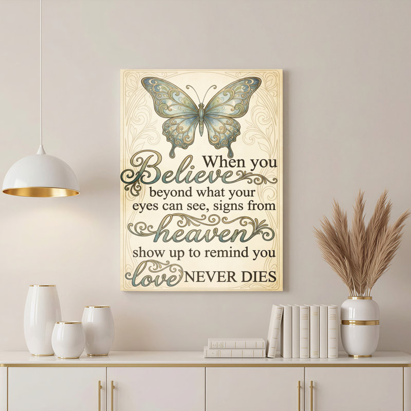 Papillon et citation inspirante, reproduction d'art sur toile tendue sur toile avec un style rétro pour la chambre ou le salon