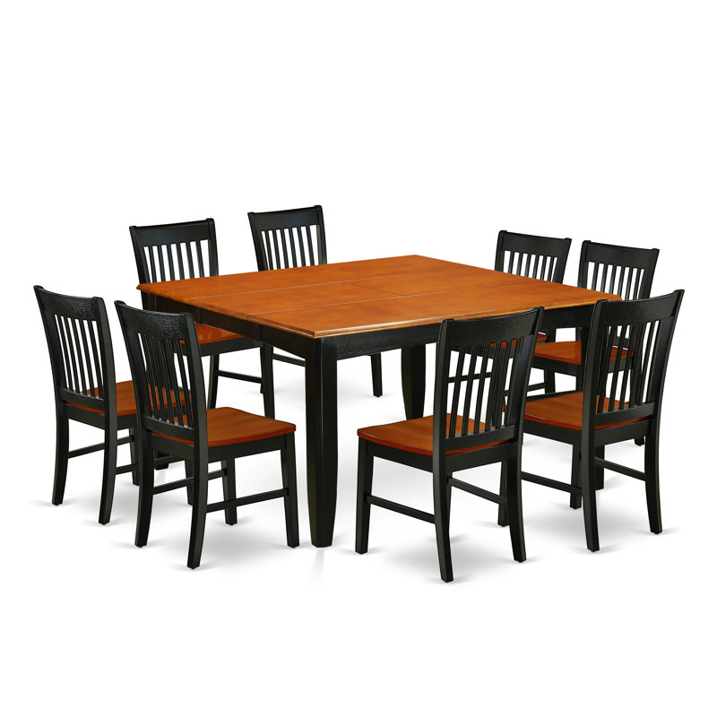 Ensemble de table de salle à manger 9 pièces comprenant une table de cuisine carrée avec rallonge papillon et 8 chaises, noir et cerise