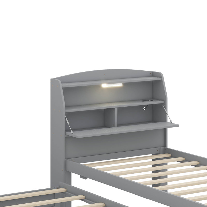 Lit plateforme en bois avec éclairage à DEL, lit gigogne coulissant, tête de lit avec rangement et trois tiroirs, Gris