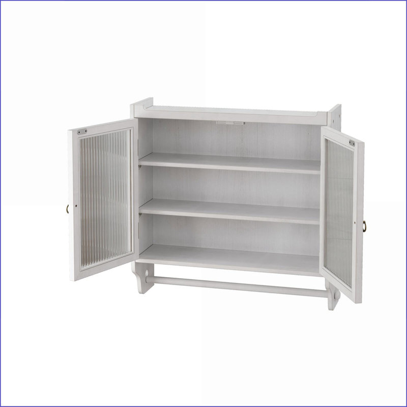 Cabinets, Vintage White Washed Solid Wood Glass Door Wall Mount | 24.8” Double Door | 3-Tier Storage + Towel Rack | White | Bathroom