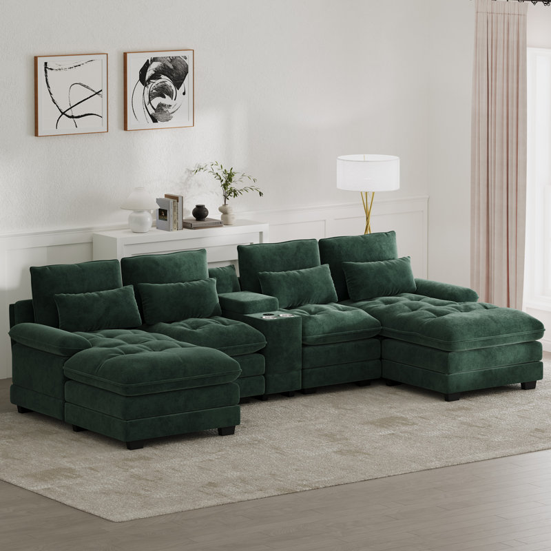 Canapé modulaire surdimensionné en U 4 pièces de 130 po avec console et porte-gobelets, Vert