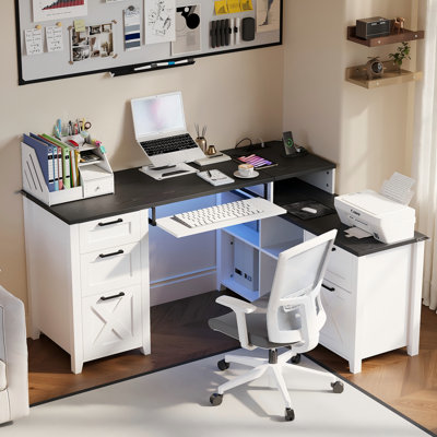 Bureau double caisson en L avec station de charge 3-en-1, plateau à clavier à DEL RVB et espace de rangement réglable