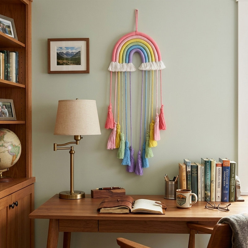 Décoration murale arc-en-ciel en macramé, tapisserie arc-en-ciel en coton tissé à la main pour décoration intérieure, rose
