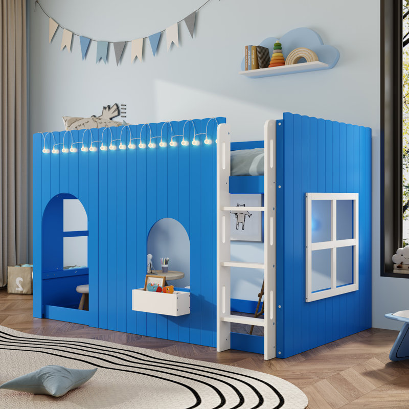 Lit mezzanine simple pour enfants avec guirlande lumineuse DEL, structure de lit mezzanine, bleu Klein, Blue, Twin