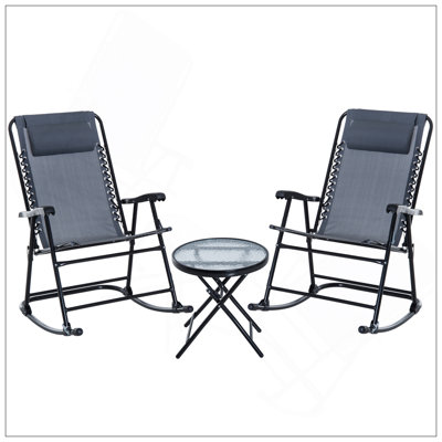 3 Piece Outdoor Rocking Chair Set, Patio Folding Lawn Rocker Set With Glass Coffee Table, Headrests For Yard, Patio, Deck, Backyard