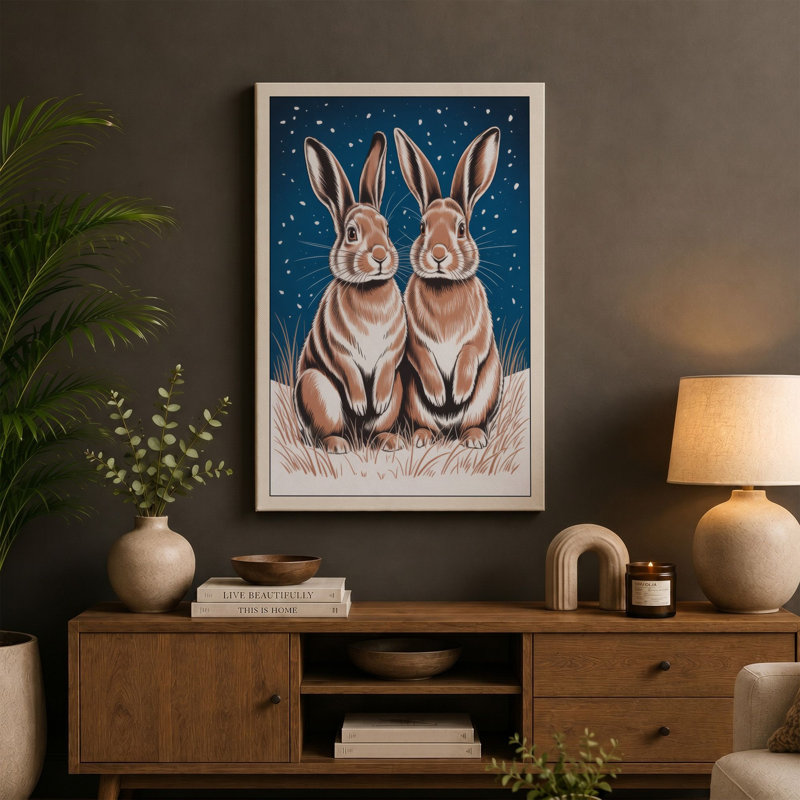 Rabbits in Winter Night Scandinavian 1 Piece Wrapped Canvas Wall Art, 24x16 - 61.0 x 40.6 cm, Sage Border