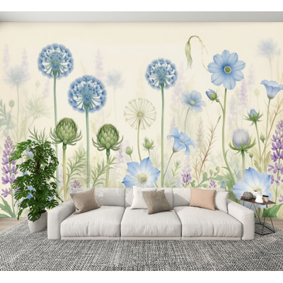 Papier peint adhésif pelucheux et délicat bleu mauve à motif floral sauvage H 100 po x l 144 po, papier peint amovible en PVC pour chambre à coucher, bureau à domicile