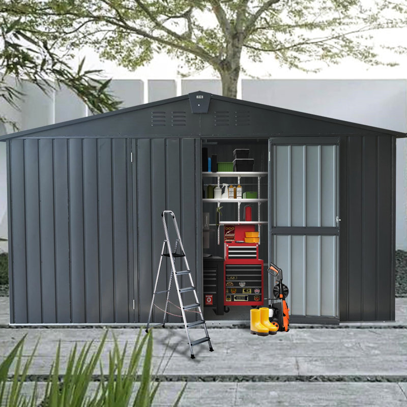 Remise de rangement en métal 11 pi x 12,5 pi, acier galvanisé, fenêtres, porte verrouillable, remise de jardin gris foncé avec porte verrouillable