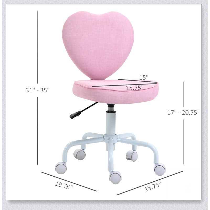 Chaise de bureau en forme de cœur Heart Love avec dossier réglable avec hauteur réglable et roulettes pivotantes à 360 °, rose