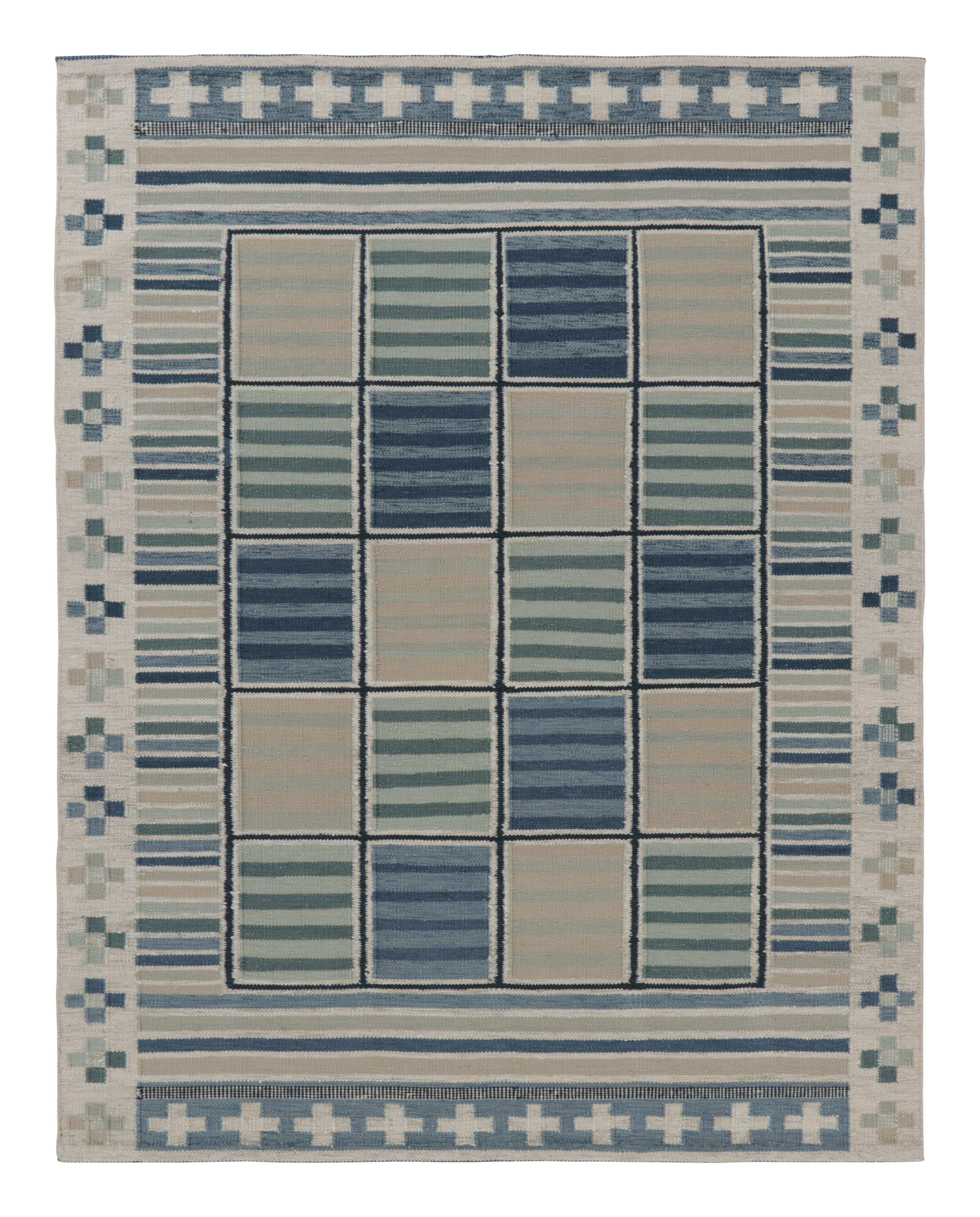 Scandinavia Rug Rug & Kilim’S Scandinavian Rug In Cream White And Blue Geometric Grid ...