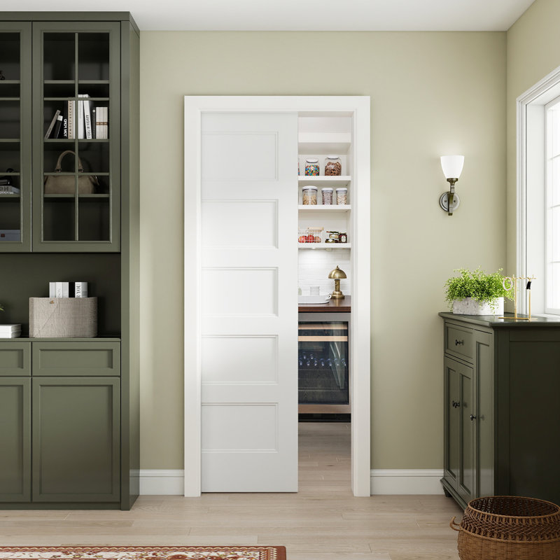  Porte coulissante 24 po x 80 po à 5 panneaux et porte-passe-tringle avec passe-tringle blanc, 24 po x 80 po