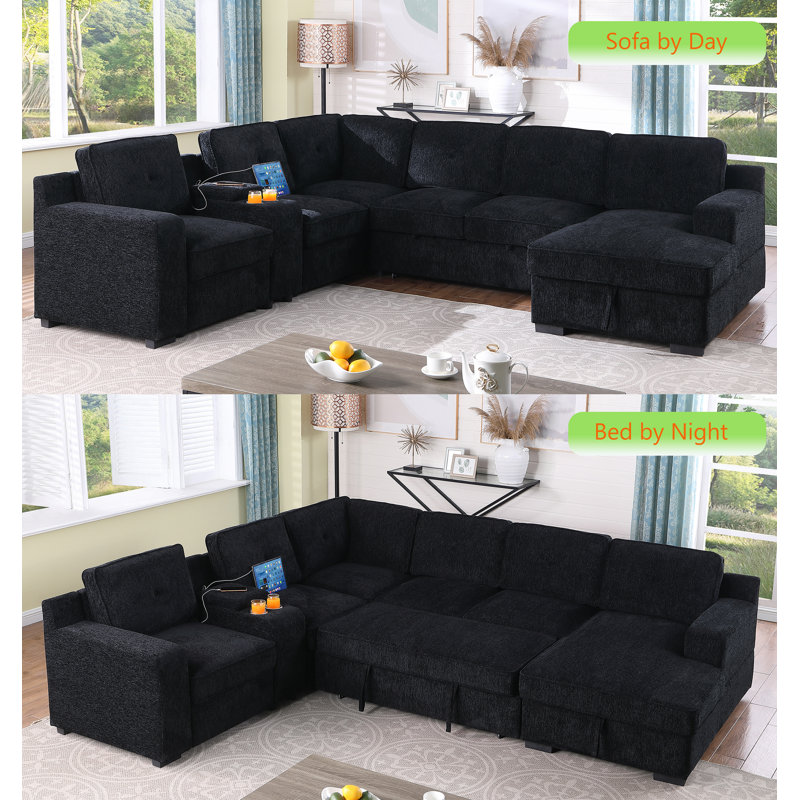 Sleeper Sectional Tufted Sofa Bed With Storage Chaise, Black Chenile