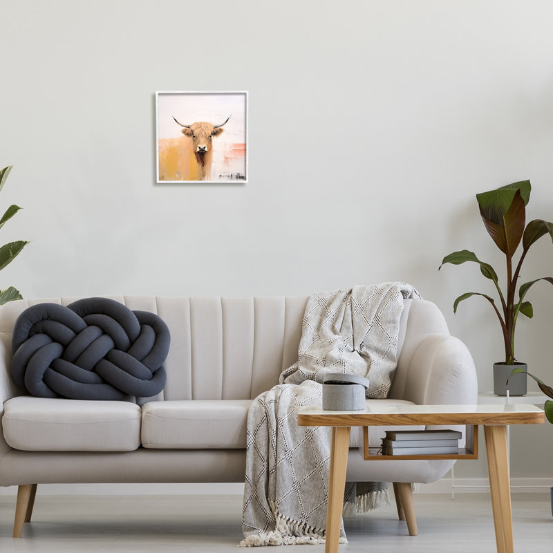 Az-104-encadré moderne vache Highland, H 12 po x l 12 po x P 1,5 po, Giclée encadrée blanc bord de mer