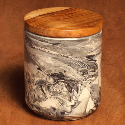 Pot de rangement en céramique marbré à la main avec couvercle en bois, durable et élégant pour l'organisation et la décoration de la cuisine
