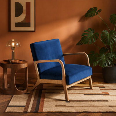 Fauteuil d'appoint à cadre ouvert de style Mid-Century classique classique pour le salon ou la chambre à coucher à finition ouverte espresso avec rembourrage moelleux et tissu de velours, bleu