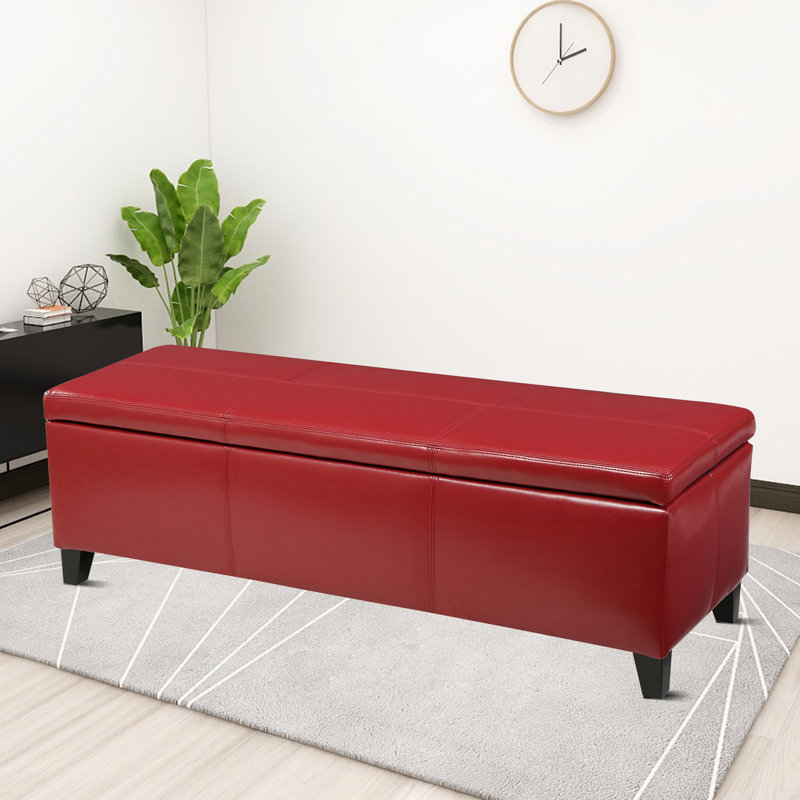 Haelly Faux Leather Modern luxury style upholstered bench with wooden legs and hidden storage for hallway bedroom, Red