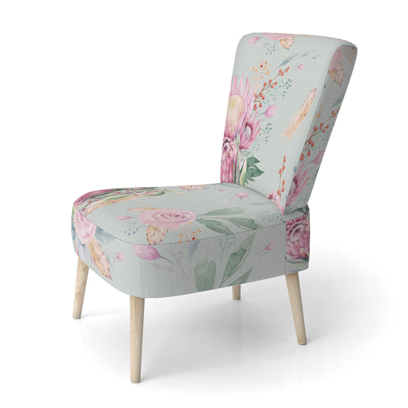 Accent Chair, Beige Floral Pattern Upholstered Decor - Beige Floral Pattern II, Light Green/Pink