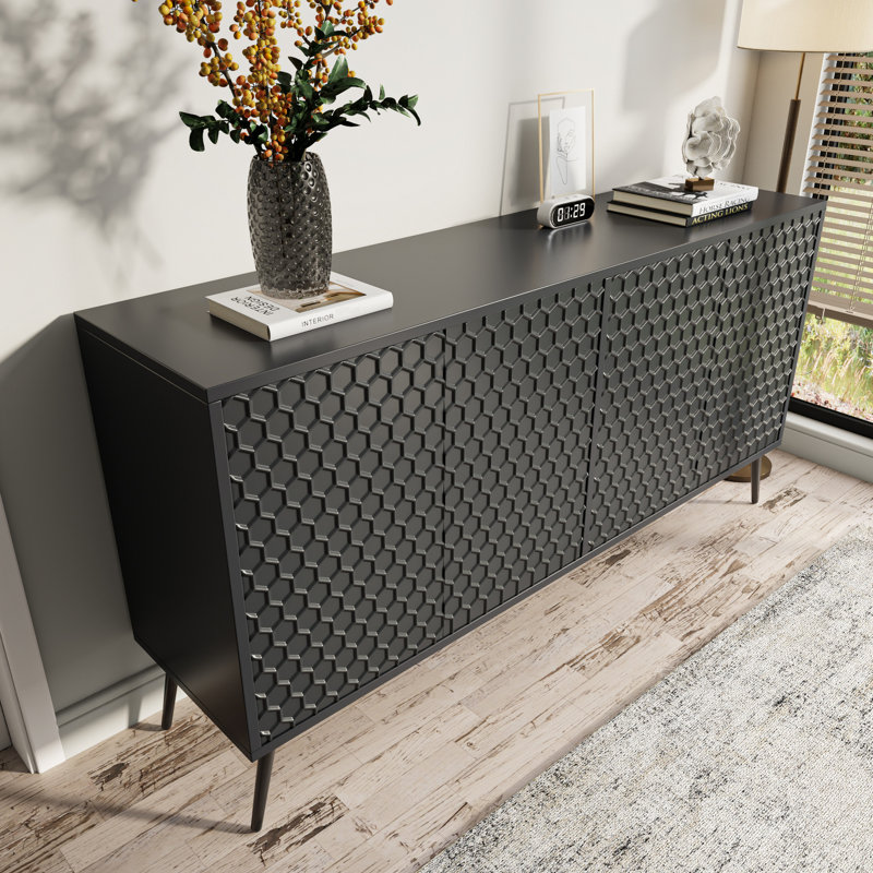 Buffet de style victorien d'inspiration 63 po, 5 pieds de support, 4 tablettes et armoire élégante contemporaine à finition bicolore pour la salle à manger, rangement réglable en nid d'abeille moderne