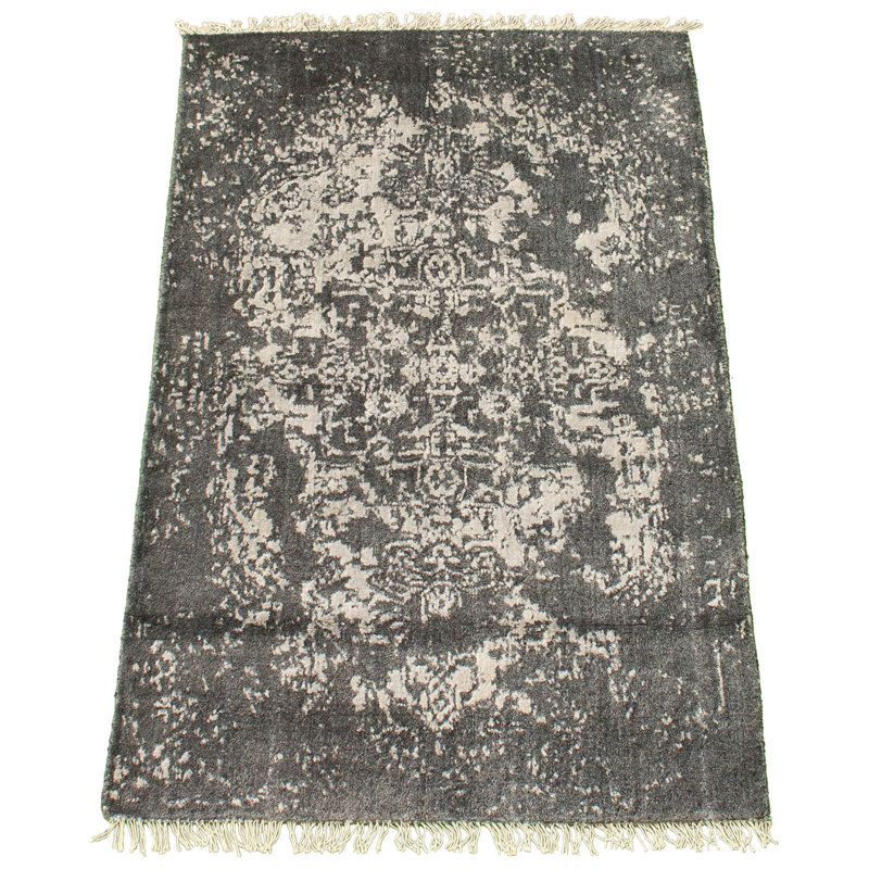 Tapis abstrait gris / blanc en viscose noué à la main 2 pi 11 po x 4 pi 11 po Schroeders