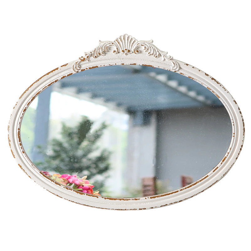 Matsumoto Oval Antique Arendahl Mirror for Wall 18 x 24 Inch, Distressed White Wood Frame Mirror with Flower Carved