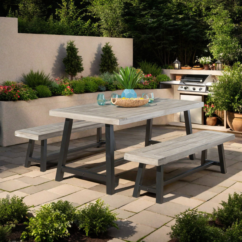 Eulene 4 - Person Acacia Wood Patio Dining Set with Rectangular Table, Sandblast Light Gray/Brown