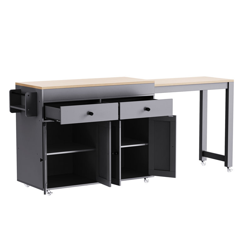 Grey Rolling Kitchen Island With Smooth Drawer Slide & Lockable Wheels Quiet Door Panel Extendable Function -, Gray