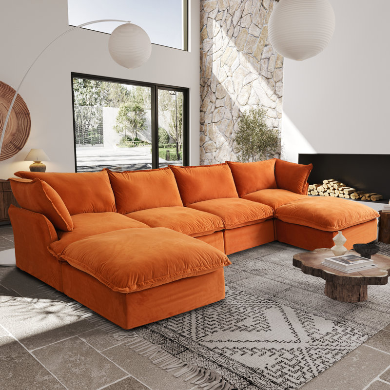 Canapé modulaire rembourré en velours côtelé avec repose-pieds Fairford, Velours orange